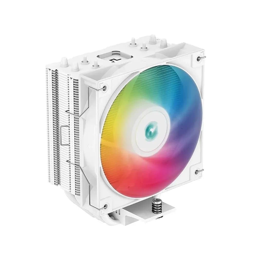 white DeepCool AG400 V5 Digital ARGB CPU cooler with colorful lighting